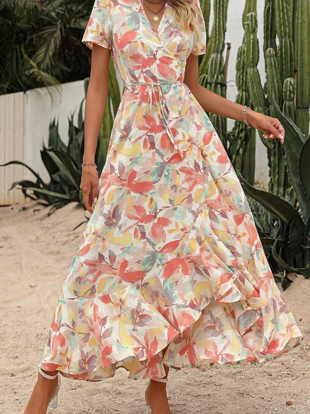 PRETTYGARDEN White Floral Wrap Boho Maxi Dress L #3